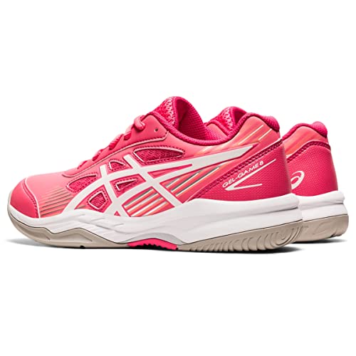 The ASICS Gel-Game 8 - Kids are bright pink athletic sneakers with white details, cushioned for comfort, featuring a prominent logo, textured beige outsole, lace-up closure, and sporty design—ideal for active days.