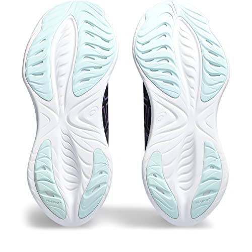 The image shows the soles of the ASICS Gel-Cumulus 25 - Womens, neutral everyday trainer running shoes with a white base, light blue accents, and leaf-like traction patterns. The ASICS brand name appears on each heel area.