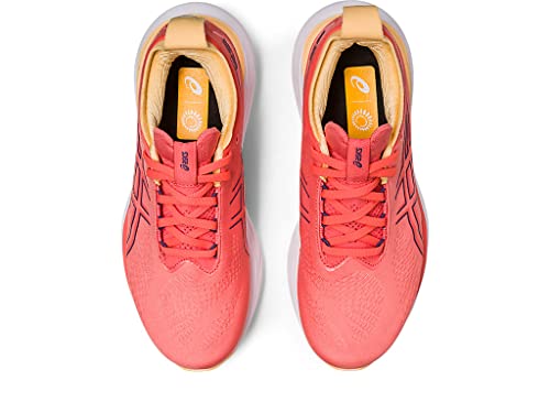 Top view of ASICS Gel Nimbus 25 - Womens shoes in pink with orange and yellow inner lining, pink laces, black detailing, and brand logos on the insoles and tongue. These running shoes provide lightweight cushioning.