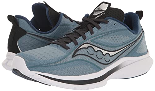A pair of Saucony Kinvara 13 Mens running shoes in blue with black laces, white soles, and a wavy black-and-white logo are positioned side by side on a white background.