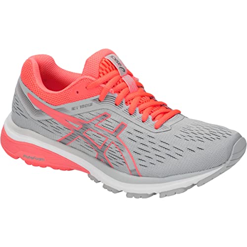 The ASICS GT-1000 7 - Womens features a light gray mesh upper for breathability, coral pink accents on the laces, inner lining, and logo, plus a white sole for road stability.