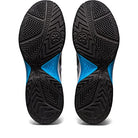 Two black ASICS Gel Dedicate 7 - Mens tennis shoe soles with detailed tread and blue arch accents are displayed side by side on a white background, emphasizing stability.