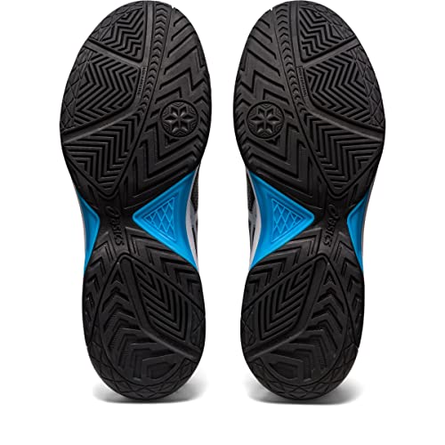 Two black ASICS Gel Dedicate 7 - Mens tennis shoe soles with detailed tread and blue arch accents are displayed side by side on a white background, emphasizing stability.