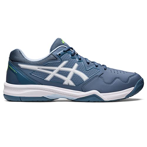 The ASICS Gel Dedicate 7 - Mens tennis shoe features a blue upper with white accents, including the logo and midsole for added stability, plus a dark blue outsole. Shown in side profile against a white background.
