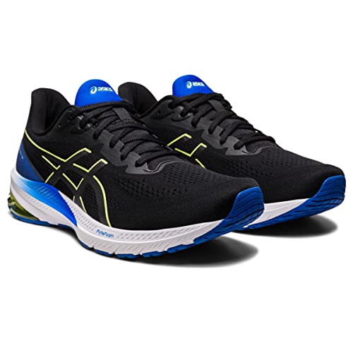 The ASICS GT-1000 12 - Mens is a black running shoe with blue accents, white midsoles, and yellow details. Designed for runners who need support against overpronation, it features the ASICS logo on the sides and tongue.