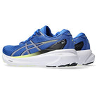 A pair of blue ASICS Gel-Kayano 30 mens stability running shoes with white soles, silver and black detailing, and “GEL-KAYANO 30” on the side. Ideal for distance training, they are positioned side by side facing left.