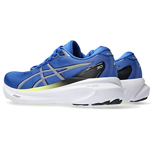 A pair of blue ASICS Gel-Kayano 30 mens stability running shoes with white soles, silver and black detailing, and “GEL-KAYANO 30” on the side. Ideal for distance training, they are positioned side by side facing left.