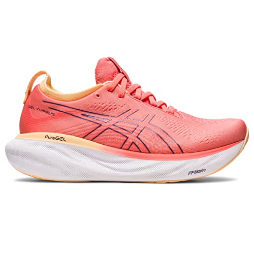 The ASICS Gel Nimbus 25 - Womens features a coral pink upper, white cushioned sole, lightweight comfort, yellow inner lining, and navy blue accents on the ASICS logo and GEL-NIMBUS text.