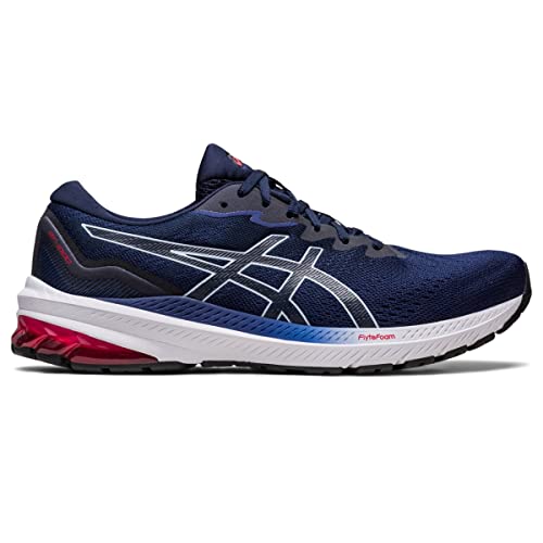 The ASICS GT-1000 11 Mens running shoe features a navy upper with a white sole, red heel accents, and a silver ASICS logo. Made with mesh fabric and FLYTEFOAM cushioning for athletic comfort and support.