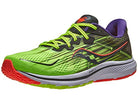 The Saucony Omni 20 Running Shoe for women features a neon green and black design with yellow laces, red and orange accents, a white midsole, breathable mesh upper, signature logo on the side, and a red outsole with green and gray details.