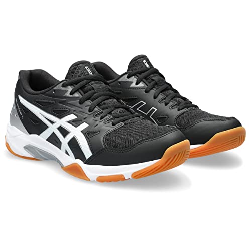 The ASICS Gel-Rocket 11 - Womens features a black upper with white accents and gum-colored soles, viewed from the side and front. Designed for indoor courts, these shoes provide superior stability during play.