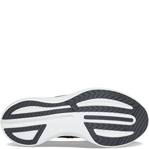 The image shows the bottom view of the Saucony Endorphin Speed 3 Running Shoe - Womens, highlighting its white and dark gray rubber outsole with textured tread and grooves for daily training traction and flexibility.