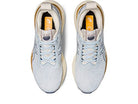 A top view of the ASICS Gel Nimbus 25 - Womens shoes in light blue, with white laces, patterned uppers, beige soles, and lightweight cushioning for comfort.