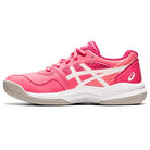 The ASICS Gel-Game 8 - Kids tennis shoe features a bright pink upper with white accents, a white and beige sole, the ASICS logo on the side, and TRUSSTIC technology for extra support.