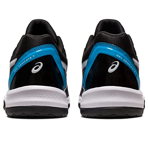 Rear view of ASICS Gel Dedicate 7 – Mens tennis shoes in black, blue, and white, featuring the ASICS logo and heel design for added stability.