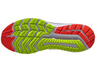 The Saucony Omni 20 Running Shoe - Womens has a treaded sole in bright green, red, and gray for traction, flexibility, and stability. Red accents highlight the toe and heel, while green covers the midfoot and forefoot.