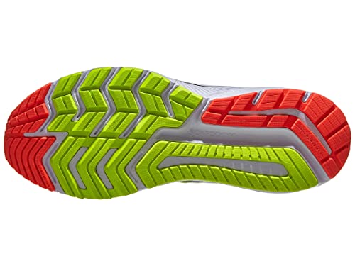 The Saucony Omni 20 Running Shoe - Womens has a treaded sole in bright green, red, and gray for traction, flexibility, and stability. Red accents highlight the toe and heel, while green covers the midfoot and forefoot.
