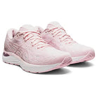 A pair of light pink ASICS Cumulus 23 - Womens running shoes with white soles and matching pink laces, displayed at an angle to showcase the side and front, featuring lightweight cushioning for superior comfort.