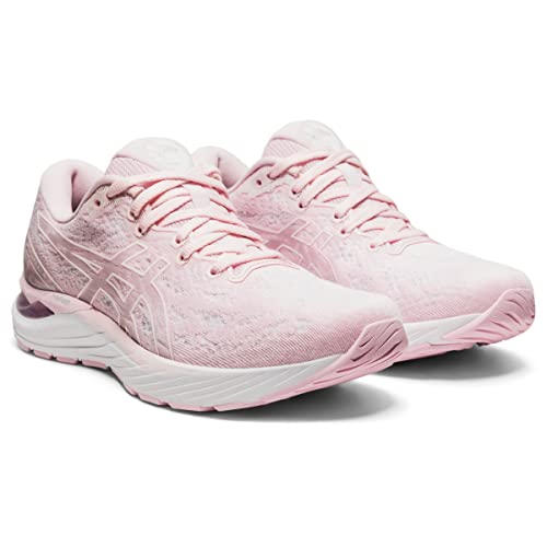 A pair of light pink ASICS Cumulus 23 - Womens running shoes with white soles and matching pink laces, displayed at an angle to showcase the side and front, featuring lightweight cushioning for superior comfort.