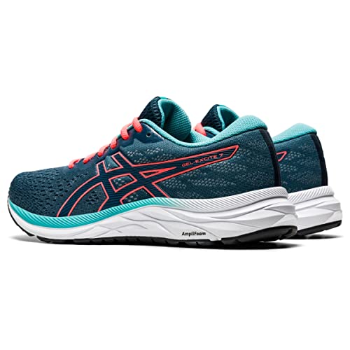The ASICS GEL-EXCITE 7 Women’s shoes in teal and navy with coral accents feature cushioned midsoles and black outsoles; shown angled to reveal the side and back, they’re a stylish, lightweight choice for runners.