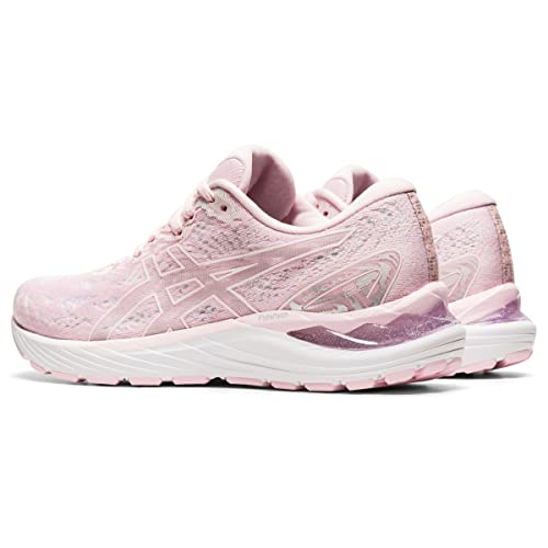 A pair of ASICS Cumulus 23 - Womens running shoes in light pink with white soles, subtle purple accents, and lightweight cushioning, displayed side by side facing slightly left.
