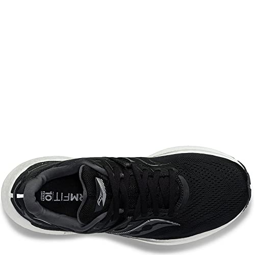 A top view of the womens Saucony Endorphin Speed 3 running shoe in black with a white sole highlights the laces, branded tongue, RFMTR insole text—ideal for daily training.