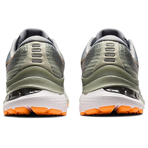 Rear view of the ASICS Gel Kayano 28 - Mens stability running shoes, showing gray-green uppers, orange accents on the soles, white midsoles with GEL technology, and detailed heel and tread design.