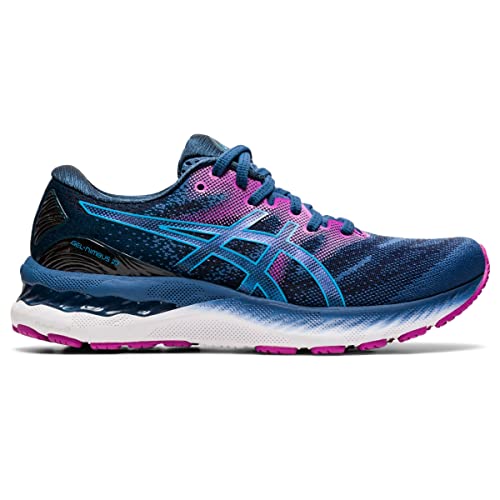 The ASICS Gel Nimbus 23 - Womens features a blue and purple mesh upper for breathability, a cushioned midsole for comfort and shock absorption, white and pink sole accents, and the signature ASICS logo in blue.