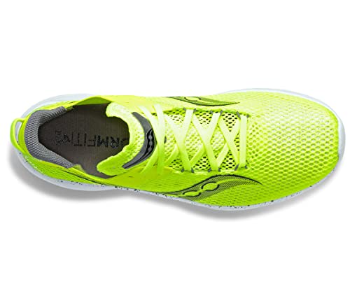 Top view of Sauconys Kinvara 14 Running Shoe - Womens, featuring a bright yellow-green mesh upper, white PWRRUN foam sole, gray lining, matching laces, and subtle side branding.