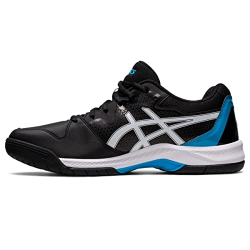 The ASICS Gel Dedicate 7 - Mens tennis shoe features a black upper, white midsole, blue heel and sole accents, black laces, and a white ASICS logo. Shown in profile, this model delivers dependable on-court stability.