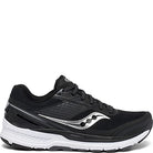 The Saucony Echelon 8 Running Shoe for women is black with white and silver accents, features a breathable mesh upper, PWRRUN cushioning, and a white sole, shown on a plain white background.