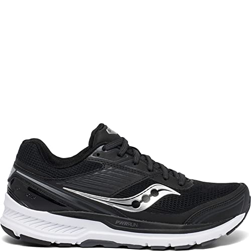 The Saucony Echelon 8 Running Shoe for women is black with white and silver accents, features a breathable mesh upper, PWRRUN cushioning, and a white sole, shown on a plain white background.