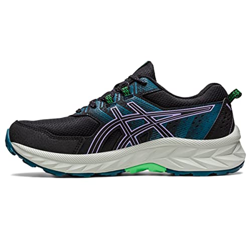 The ASICS Gel Venture 9 - Womens is a black athletic running shoe with teal and purple accents, white cushioned sole, and green details on the outsole and laces—shown in side profile, perfect for trail running.