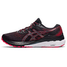 The ASICS Gel Kayano 28 - Mens in black and red features a white sole, breathable mesh upper, signature side logo, and GEL technology for added comfort.