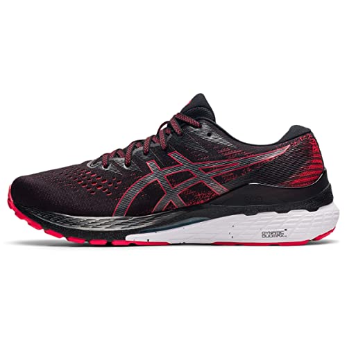 The ASICS Gel Kayano 28 - Mens in black and red features a white sole, breathable mesh upper, signature side logo, and GEL technology for added comfort.