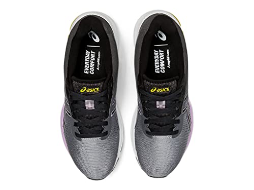 Top view of gray and black ASICS GEL-PULSE 12 - Womenss running shoes with black laces and “EVERYDAY COMFORT” insoles. Engineered mesh upper by ASICS ensures breathability for your daily runs.