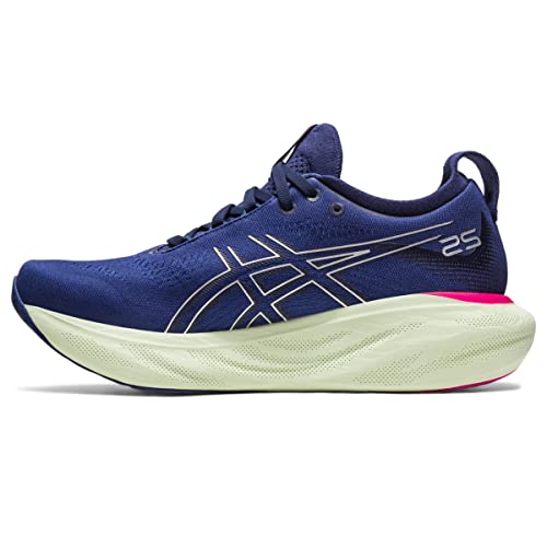 The ASICS Gel Nimbus 25 - Womens features a blue upper, white logo, white and green gradient sole, pink heel accent, and 25 near the heel. Its sporty design delivers lightweight cushioning perfect for running.