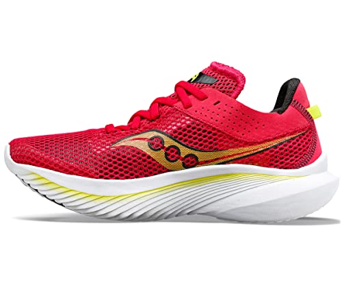 The Saucony Kinvara 14 Running Shoe - Womens features a red breathable mesh upper, yellow and black accents, a thick white PWRRUN foam sole with wavy design, and a yellow-black logo on the side.