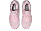 Top view of a pair of light pink ASICS Gel Nimbus 23 - Womens running shoes with laces, featuring the logo on the insoles and tongue. Known for excellent shock absorption, they provide long-distance comfort.