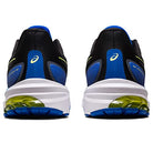 Rear view of the ASICS GT-1000 12 - Mens running shoes for overpronation, shown in blue, black, and white with green accents. The ASICS logo is above visible heel cushioning. Both shoes are side by side on a white background.