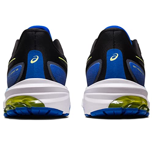 Rear view of the ASICS GT-1000 12 - Mens running shoes for overpronation, shown in blue, black, and white with green accents. The ASICS logo is above visible heel cushioning. Both shoes are side by side on a white background.