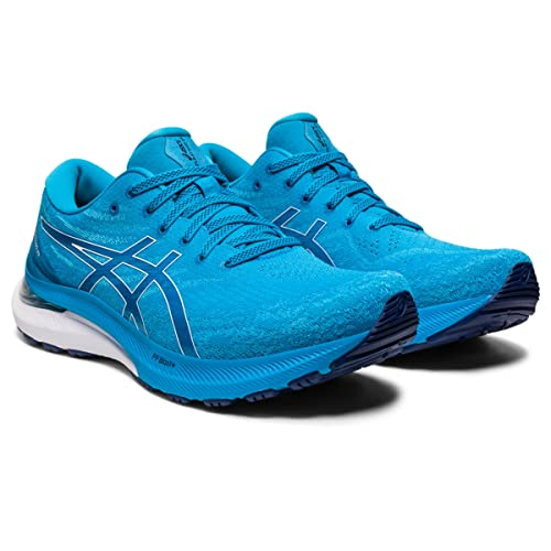 A pair of ASICS Gel Kayano 29 - Mens running shoes in bright blue with white and navy accents, laces, and a mesh-like texture for stability are displayed on a white background.