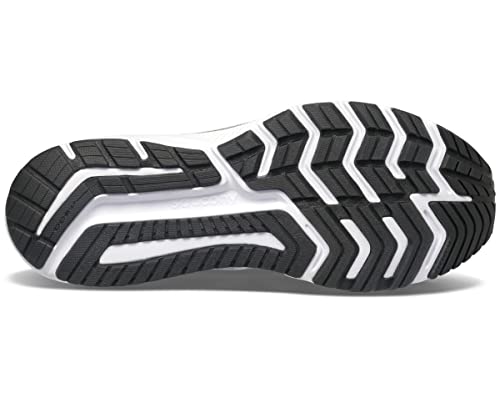 The image displays the black and white rubber outsole of the Saucony Omni 20 Running Shoe - Mens, highlighting its zigzag tread pattern for enhanced grip and traction.
