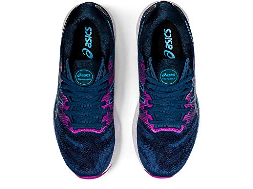 Top view of a pair of ASICS Gel Nimbus 23 Womens running shoes in navy blue with blue laces, pink and purple accents, ASICS logo on the insoles, and advanced shock absorption for comfort.