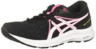 The ASICS GEL-Contend 7 - Womens running shoe features a black mesh upper with white and pink accents, a cushioned white sole, and GEL-CONTEND in yellow on the heel.