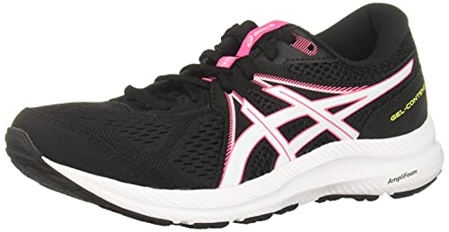 The ASICS GEL-Contend 7 - Womens running shoe features a black mesh upper with white and pink accents, a cushioned white sole, and GEL-CONTEND in yellow on the heel.
