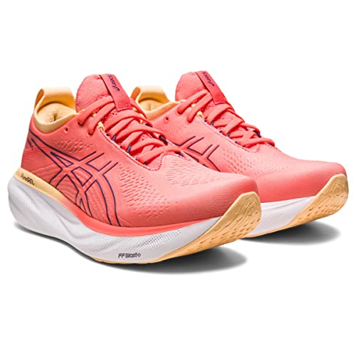 The ASICS Gel Nimbus 25 - Womens features a coral pink design with orange soles, purple accents, and the ASICS logo. These running shoes offer a lightweight mesh upper and advanced cushioning for comfort and support.