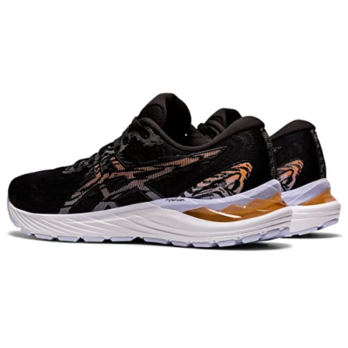 A pair of black ASICS Cumulus 23 - Womens running shoes with white soles, light brown accents, and a tiger stripe design on the heel. Positioned side by side and facing slightly right, they offer lightweight cushioning for comfort.