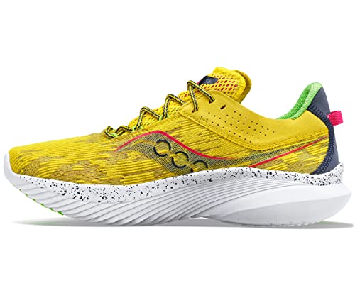 The Saucony Kinvara 14 Running Shoe - Womens is shown in yellow with black and red accents, a green inner lining, and a speckled white PWRRUN foam midsole, viewed from the side on a plain white background.