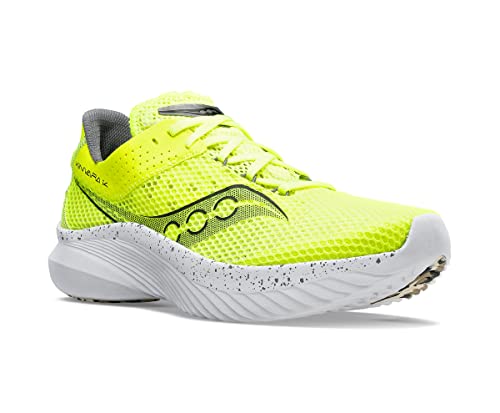 The Saucony Kinvara 14 Running Shoe - Womens features a bright yellow mesh upper, black logo accents, and a white, speckled sole with PWRRUN foam for comfort and athletic performance.